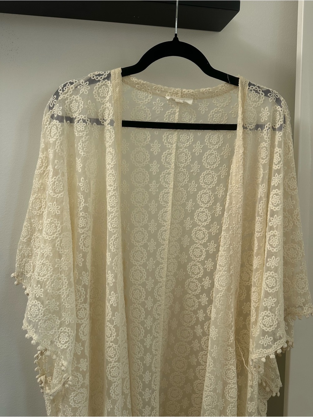 Boho Romantic Sheer Lace Kimono Duster Pom Pom Trim Festival Cover Up - Picture 2 of 11